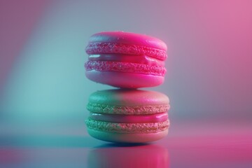 An artistic stack of colorful macarons bathed in a gradient of neon lights