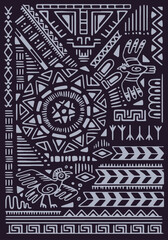 Tribal background, ethnic ornament. Ancient African print on wall art. Cultural symbols, traditional elements, abstract forms, lines of Aztec pattern. Maya texture on poster. Flat vector illustration