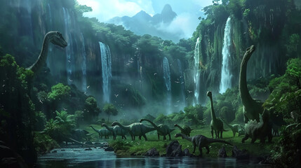 A serene prehistoric landscape featuring various dinosaurs, including the towering Brachiosaurus, amidst cascading waterfalls and verdant foliage.