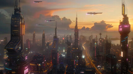 A mesmerizing sunset view over a highly advanced city with skyscrapers and hovercrafts cruising through the twilight sky. - obrazy, fototapety, plakaty