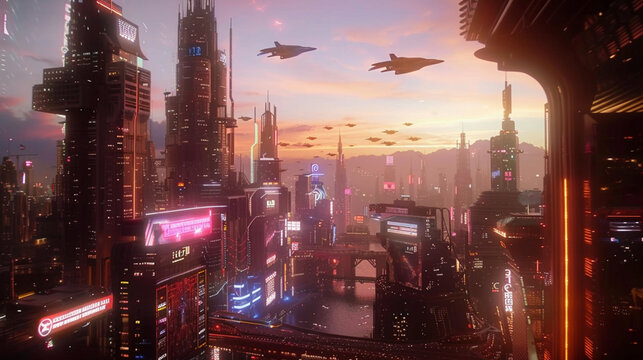 A breathtaking futuristic city bathed in the warm glow of sunset, featuring towering skyscrapers and flying vehicles in the sky.