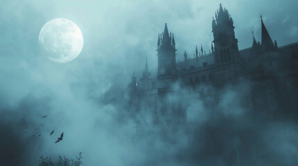 A mysterious gothic castle emerging from the mist under a full moon, with silhouettes of birds in flight, evoking a haunting atmosphere. - obrazy, fototapety, plakaty