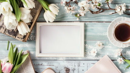 A spring flower decor frame and a cup of coffee placed on a wooden table.