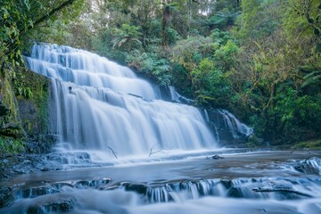 Pūrākaunui Falls in South Island, Invercargill, New Zealand. Long exposure of waterfall.