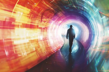 Person walking through a time tunnel formed by memories