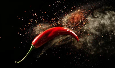 Keuken spatwand met foto Chili pepper with chili powder burst on dark background © Artlana