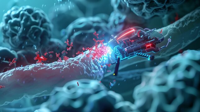 An up-close image of a nanobot navigating through damaged tissue and repairing it at the cellular level, showcasing the potential of nanotechnology in medical treatments.