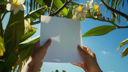 Hands holding a blank white piece of paper.