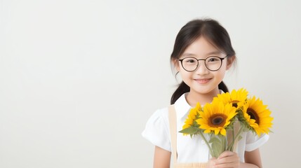 A heartwarming image featuring a smiling Asian girl dressed in a white dress, holding a bouquet of sunflowers.
