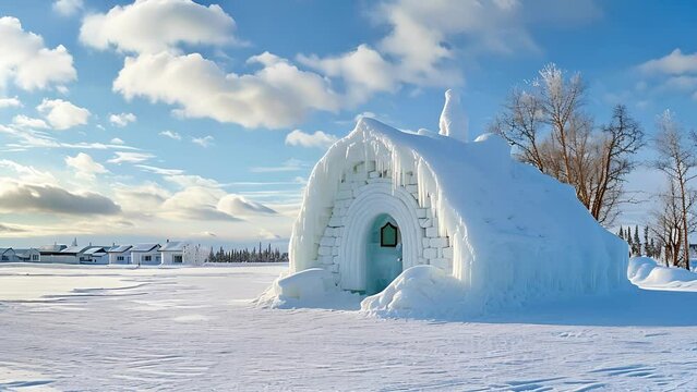 A charming traditional house made of ice blocks and snow reminiscent of an igloo village with a solid foundation of stabilized pilings designed to withstand the extreme cold.