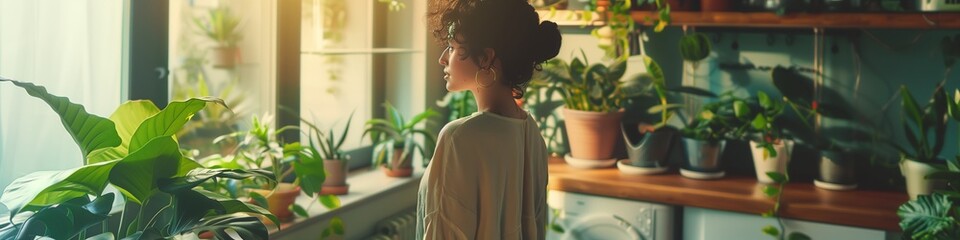 young woman in serene contemplation surrounded by lush indoor plants in sunlit room