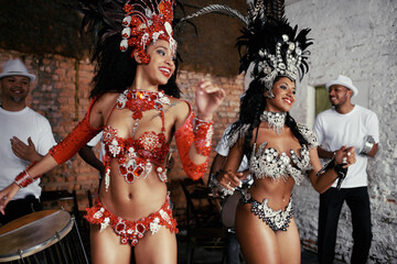 Music, samba and women at carnival in costume for celebration, performance culture and happy band...