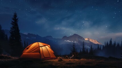 Illuminated Tent Under Starry Mountain Sky. A glowing tent stands under a night sky filled with stars, with majestic mountains and forest silhouettes in the background.