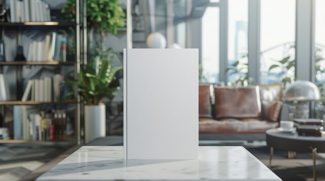 Blank Menu Stand on Marble Table in Stylish Cafe. A blank menu stand sits atop a polished marble table in a chic cafe environment, inviting customers to imagine the culinary delights that await them.