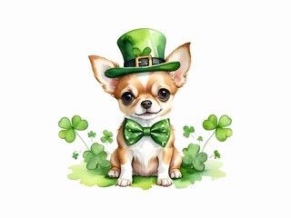 Watercolor painting of cute chihuahua dog wearing green leprechaun hat and bow tie with clover leaves. St. Patrick's day illustration for design, greeting card, template, wallpaper