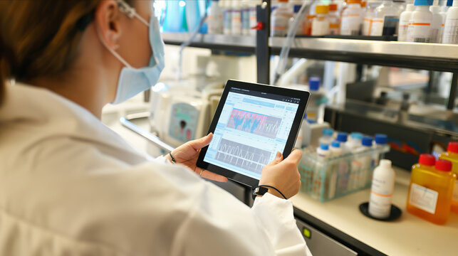 A Doctor In A White Lab Coat Is Seen Holding A Tablet Device In A Laboratory Setting, Possibly Reviewing Medical Records Or Research Data.