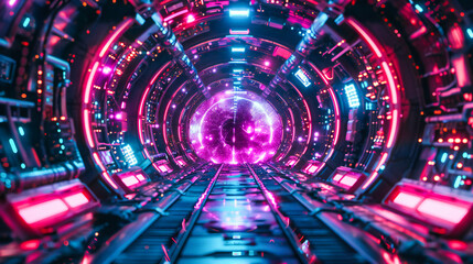 Futuristic Tunnel with Neon Glowing Lights, Sci-Fi Corridor Concept, Modern Design with Reflective...