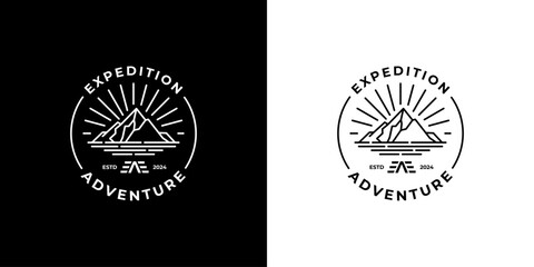 Mountain emblem logo design template. Minimalist line art adventure sun and sea logo vector. - obrazy, fototapety, plakaty