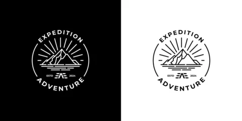 Rollo Mountain emblem logo design template. Minimalist line art adventure sun and sea logo vector. © kiarev