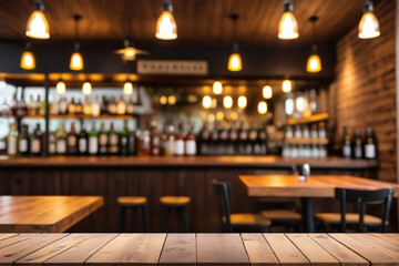 Defocused background and bottles of restaurant bar or cafeteria background wooden table top for pro