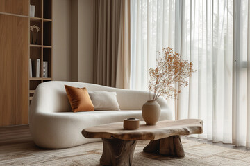 Minimalist Japandi home interior design featuring stylish curved sofa and wooden coffee table. Warm, inviting living room near a window dressed with beige curtains absorbing the natural light