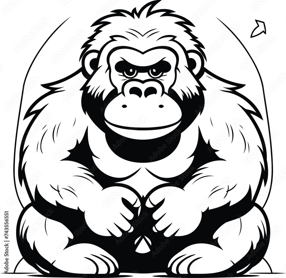 Sticker gorilla - gorilla - black and white vector illustration