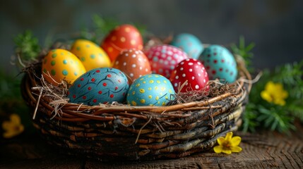 Fototapeta na wymiar Basket with colored eggs, Easter, flowers around, holy holiday of the resurrection of Jesus