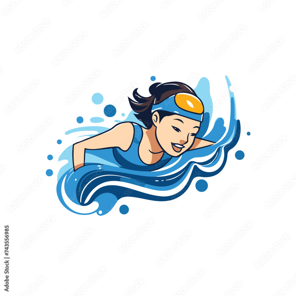 Sticker swimming woman in cap and goggles swimming in water vector illustration