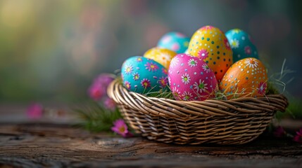 Basket with colored eggs, Easter, flowers around, holy holiday of the resurrection of Jesus