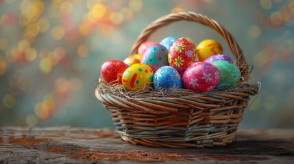 Basket with colored eggs, Easter, flowers around, holy holiday of the resurrection of Jesus
