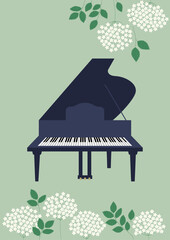 Grand piano and white flowers illustration.