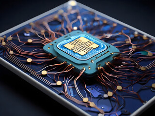 next-generation computer chip inspired by the human brain, known as a neuromorphic chip. The chip is highlighted in the center of the image, with structures resembling neurons and synapses connecting 