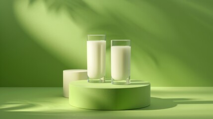 A glass with milk on a podium on a green background. White liquid in a glass.