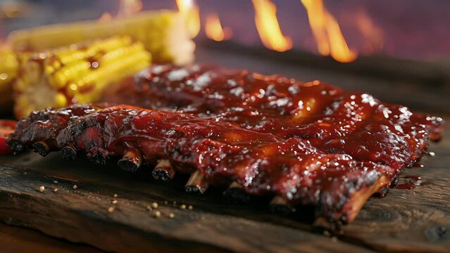 Smoky tender ribs slathered in a sticky fingerlicking BBQ sauce served with a side of ery corn on the cob and creamy mac and cheese. The crackling fire in the background adds