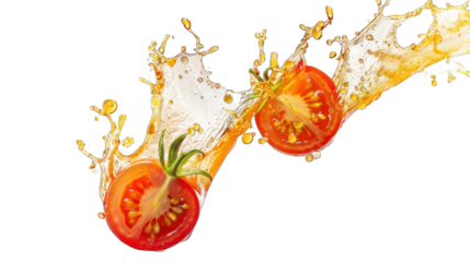 Tomato splashing out of juice isolated on transparent background