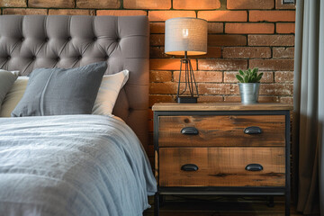 Wooden drawer nightstand near bed with grey fabric headboard. Loft interior design of modern bedroom with brown brick wall pattern wallpaper.