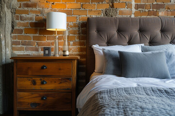 Wooden drawer nightstand near bed with grey fabric headboard. Loft interior design of modern bedroom with brown brick wall pattern wallpaper.