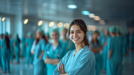Obraz premium Portrait of a happy young doctor in uniform against the background of a medical team. The doctor smiles and looks at the camera. Background with bokeh effect. AI generative