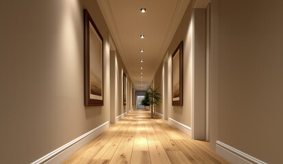 A gallery-style hallway with recessed lighting 
