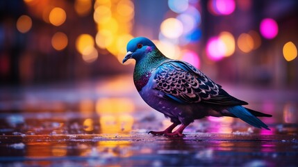 A mesmerizing scene capturing a colorful shimmering city pigeon, Columba livia domestica, perched on cobblestones sidewalk.  