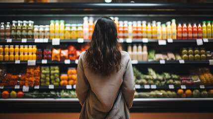 A photograph of a girl shopping in a supermarket and purchasing food from the store