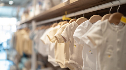 baby bodysuits on hangers in a store