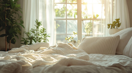 Bed with white blanket and pillows in front of window, World Sleep Day concept, boho style apartment design