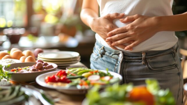 a woman holds his stomach on the background of a table with food, the concept of stomach problems, indigestion, bloating
