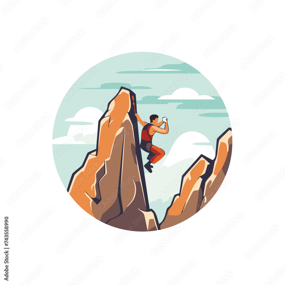 Sticker rock climber climbing on the top of a mountain. vector illustration.