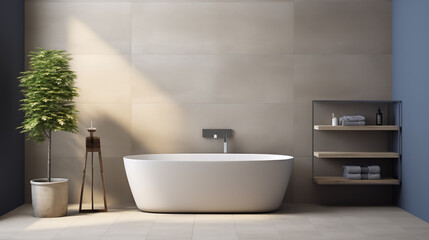 Fototapeta na wymiar modern contemporary bathroom with gray tiles and grey tub, in the style of white and beige, new contemporary