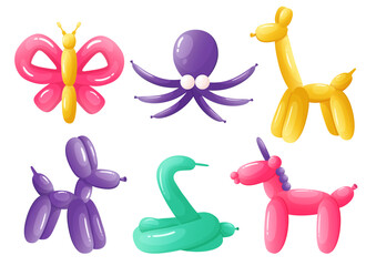 Balloon animals funny pets for kids. dog butterfly snake octopus giraffe unicorn. Various balloon animals collection. Festive set of inflatable Birthday celebration party. Fancy abstract characters  