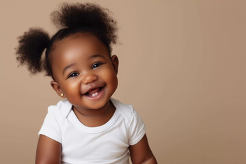 Happy Black Little Baby Girl Looking At Camera And Smiling studio photo. Advertisement Banner With Cute african american Child. Panorama With Copy Space For Your Text. biege background.