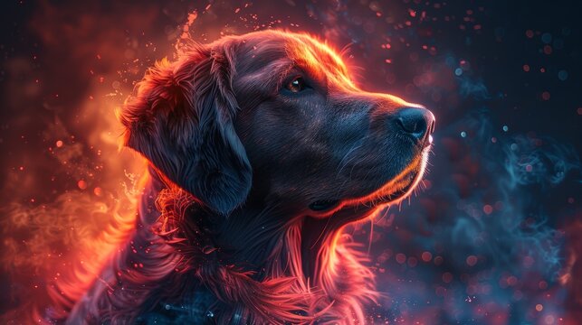 colorful background whith dog,Opalescent neon Maine coon dog,beautiful fantasy abstract portrait of a beautiful dog with a colorful digital paint splash