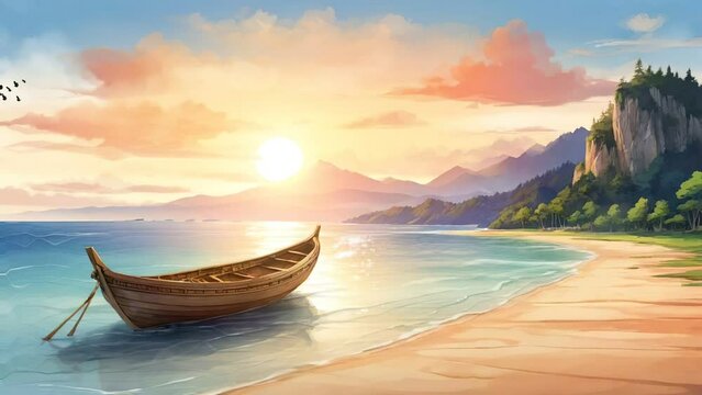 Animated background of wooden boat on the beach. seamless looping video animation background.